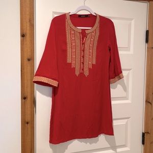 Ark & Co | Red Tunic Dress with Gold Embroidery | Like New | Size Small